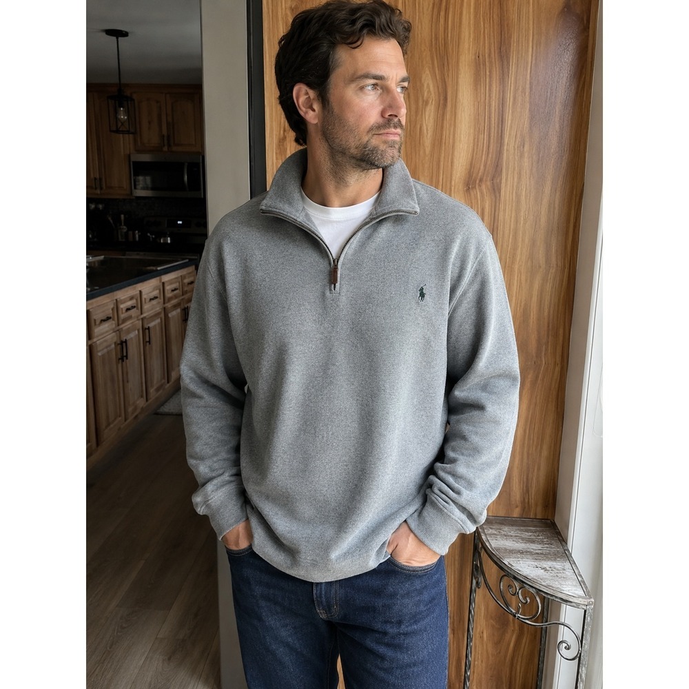 Polo Ralph Lauren Mens XL Quarter Zip Pullover Sweater Gray Cotton Pony